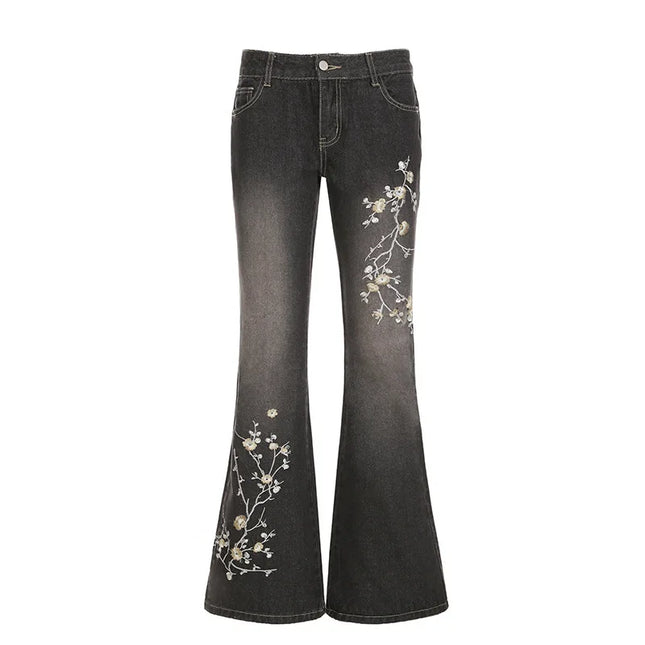 Women's Floral Embroidered Flared Jeans with Low Rise