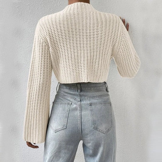 Women’s Cropped Mock Neck Flared Long Sleeve Sweater