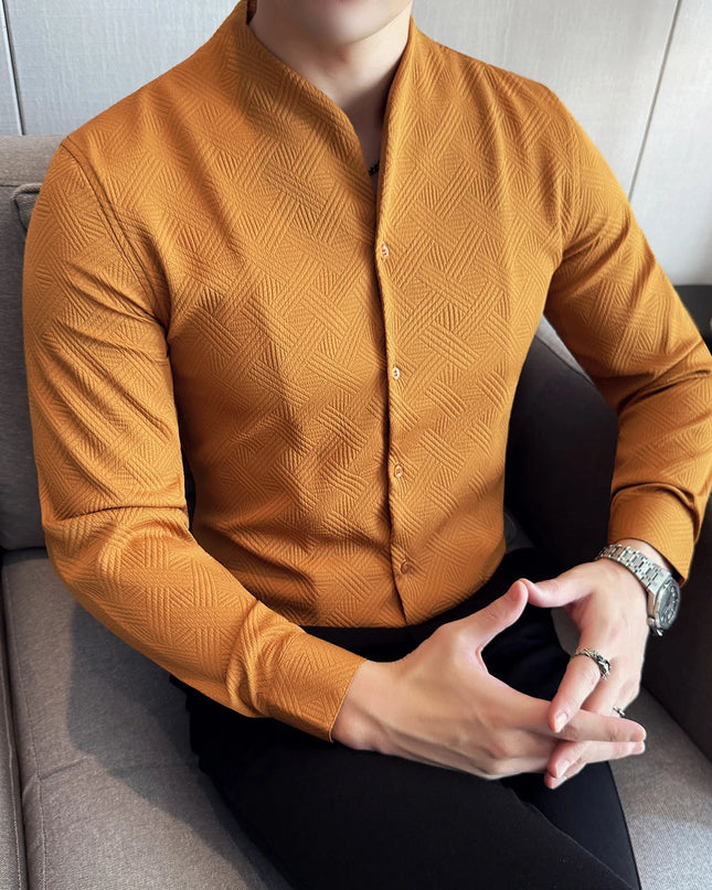 Men's V-Neck Long Sleeve Slim Fit Casual Shirt with Stand Collar