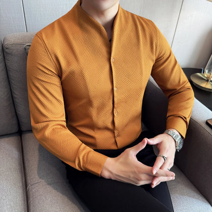 Men's V-Neck Long Sleeve Slim Fit Casual Shirt with Stand Collar