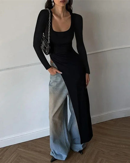 Women’s Classic U-Neck Skinny Sweater Dress with Side Slits