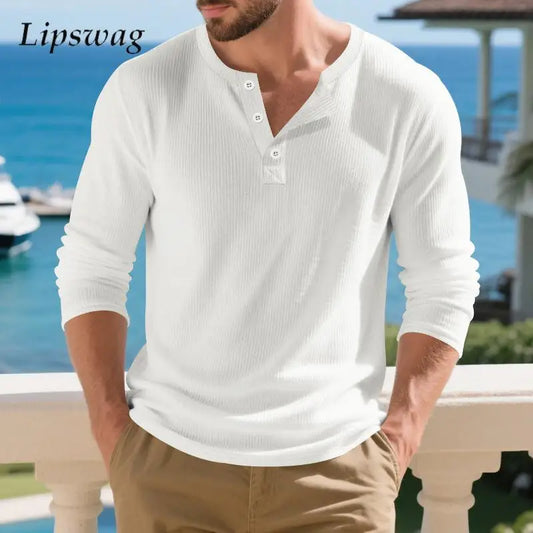 Men's Long Sleeve Henley Shirt - Casual Sweater