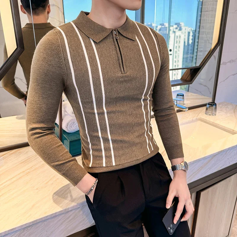 Men's Striped Zipper Collar Sweater with Flip Collar, Knitted Polo Style, Slim Fit