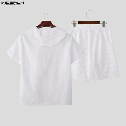 Incerun Men's Two-Piece Striped Short Sleeve Shirt and Shorts Set