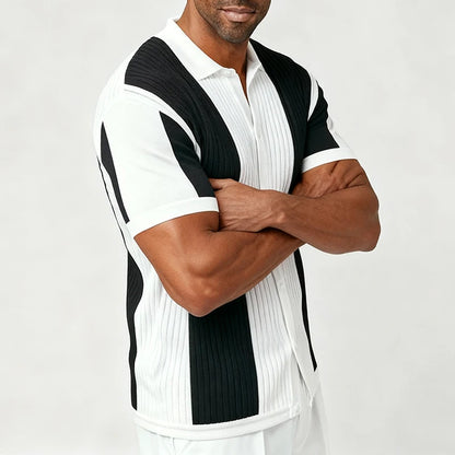Men's Breathable Striped Knit Patchwork Polo Shirt - Short Sleeve Button-Up