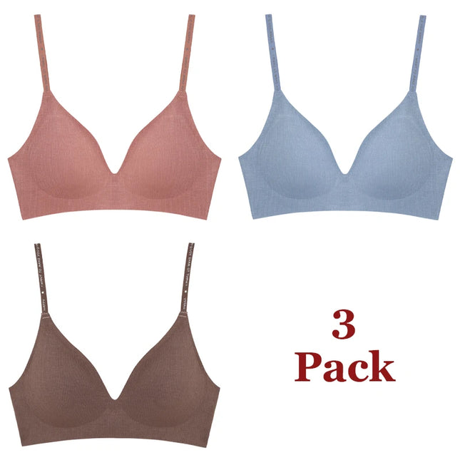 FINETOO 3-Piece Women's Striped Wireless Padded Deep V Bra with Breathable Design and Adjustable Straps