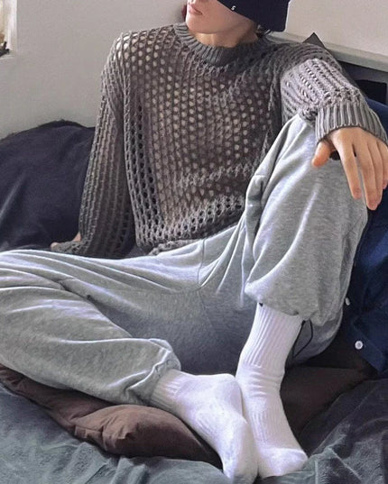 Men’s Loose-Fit Hollow-Knit Sweater with Round Neck
