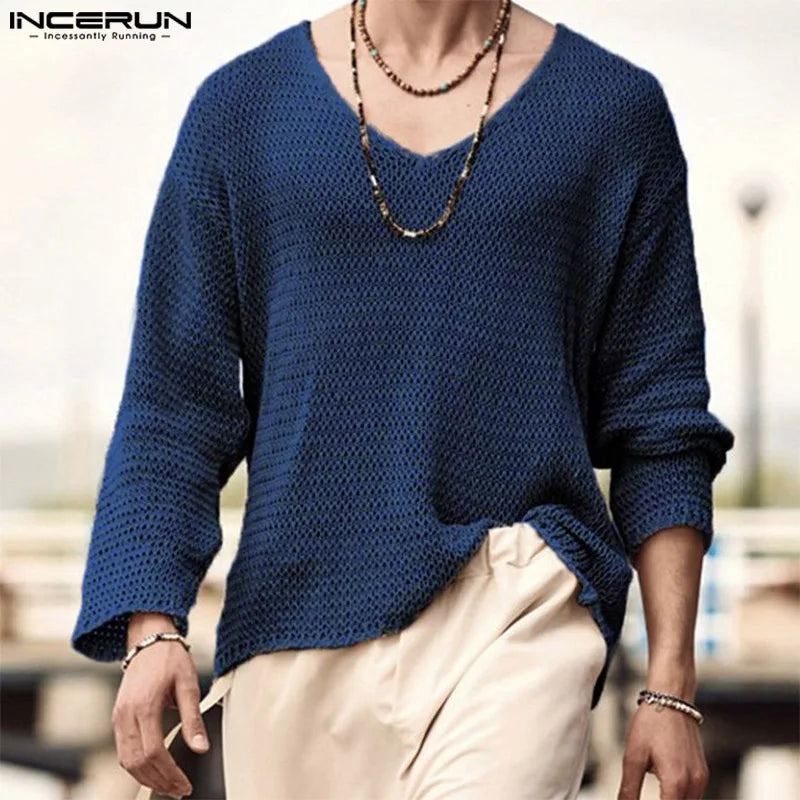 Incerun Men's Knitted V-Neck Long Sleeve Hollow-Out Loose Sweater