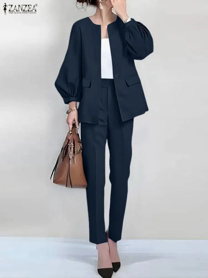 ZANZEA Women's 2-Piece Lantern Sleeve Blazer and Pants Set