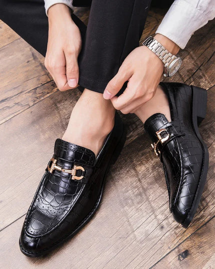 Metal Buckle Loafers Men's   Patent Leather Pointed-Toe Shoes Men's Loafers Slip-On