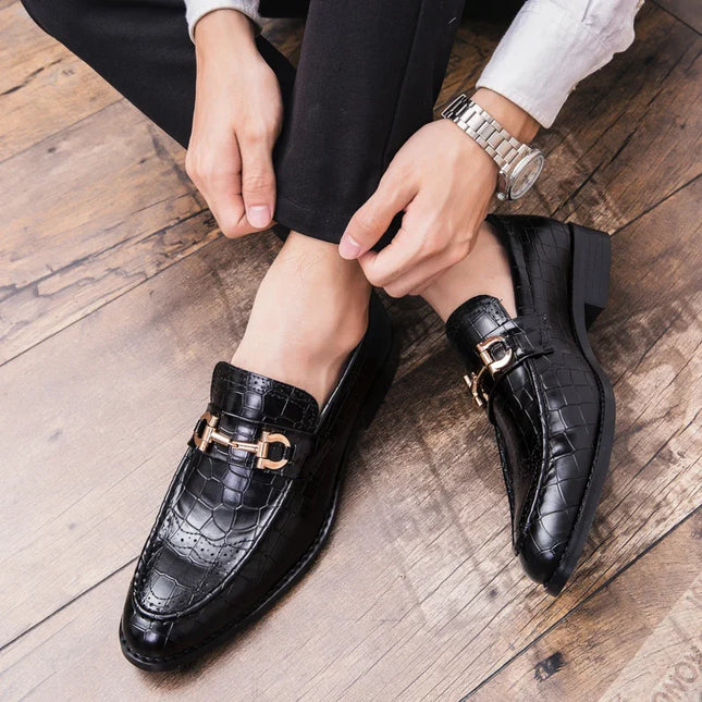 Metal Buckle Loafers Men's   Patent Leather Pointed-Toe Shoes Men's Loafers Slip-On