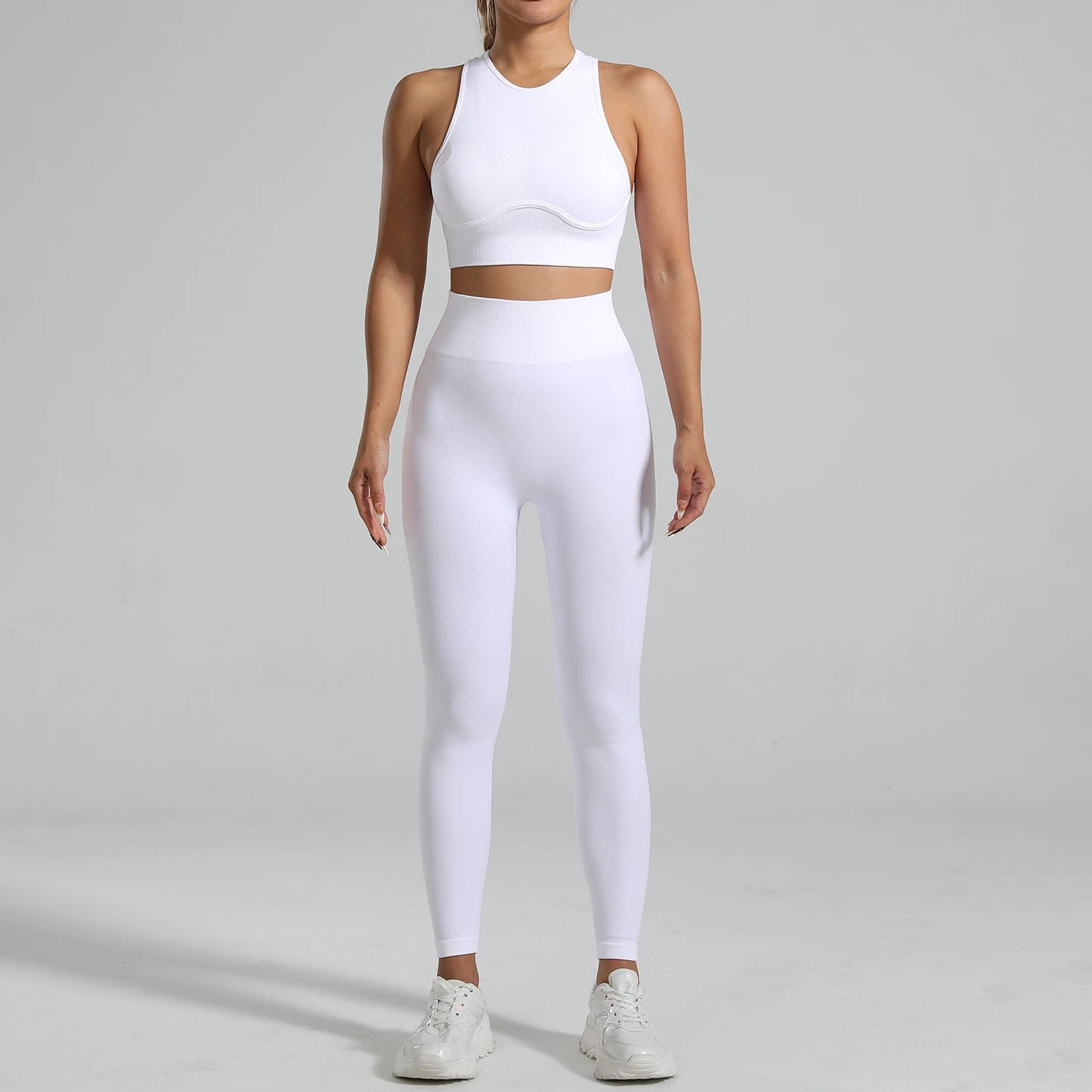 High-Waisted Ribbed Yoga Bra & Leggings Set for Women with Tummy Control