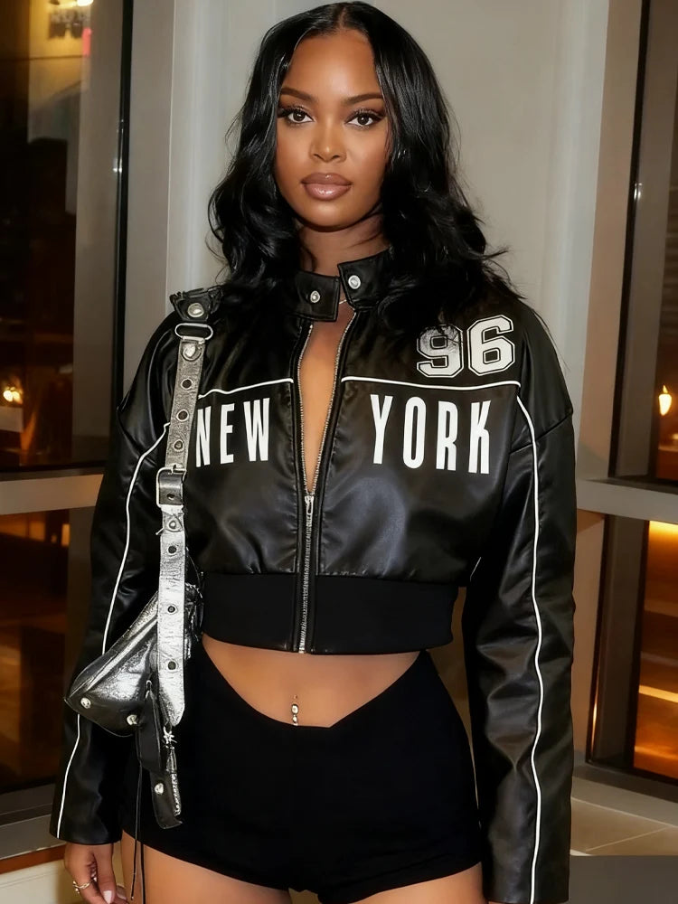 Women's Letter Print PU Crop Jacket