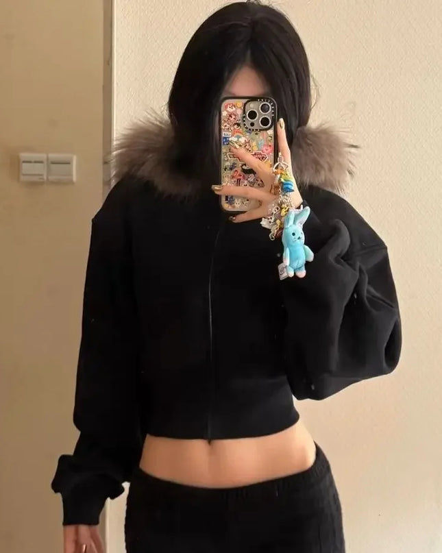 Women's Faux Fur Collar Cropped Zipper Hooded Jacket