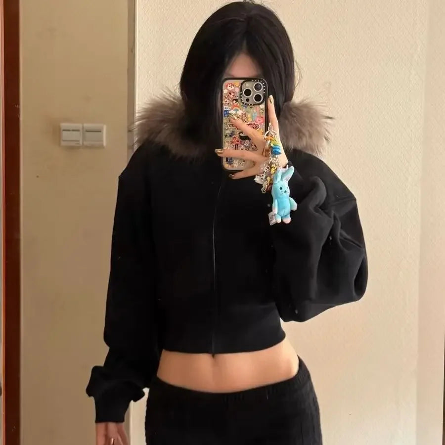 Women's Faux Fur Collar Cropped Zipper Hooded Jacket