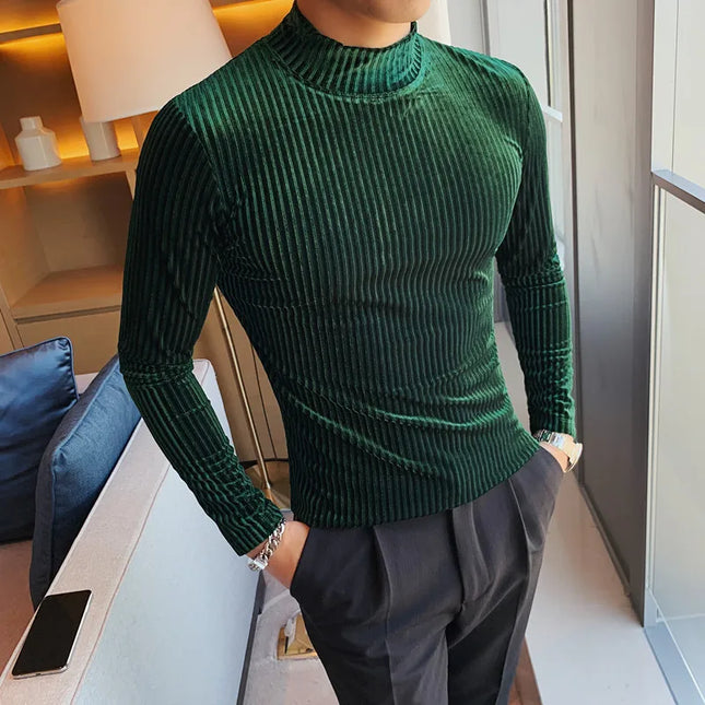 Men's Slim Fit Long Sleeve Stripe Sweater with Half Turtleneck