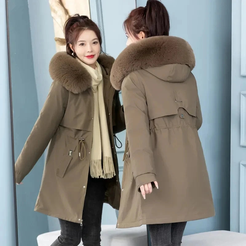 Women's Long Hooded Parka Coat with Wool Lining and Fur Collar - Various Colors