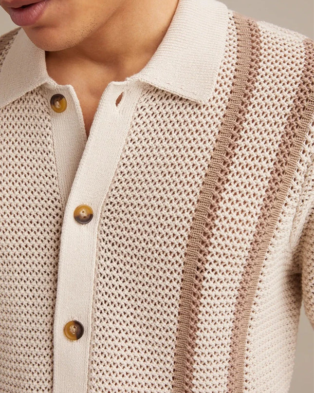Men's Striped Knitted Shirt with Casual Button-Down Turn-Down Collar