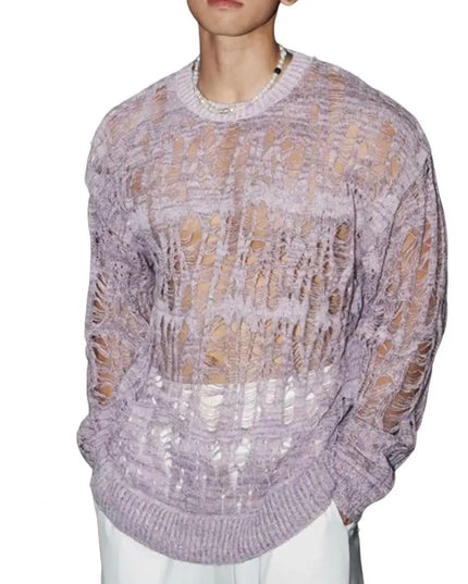 Men's Hollow-Out Mesh Knit Crew Neck Long Sleeve Sweater
