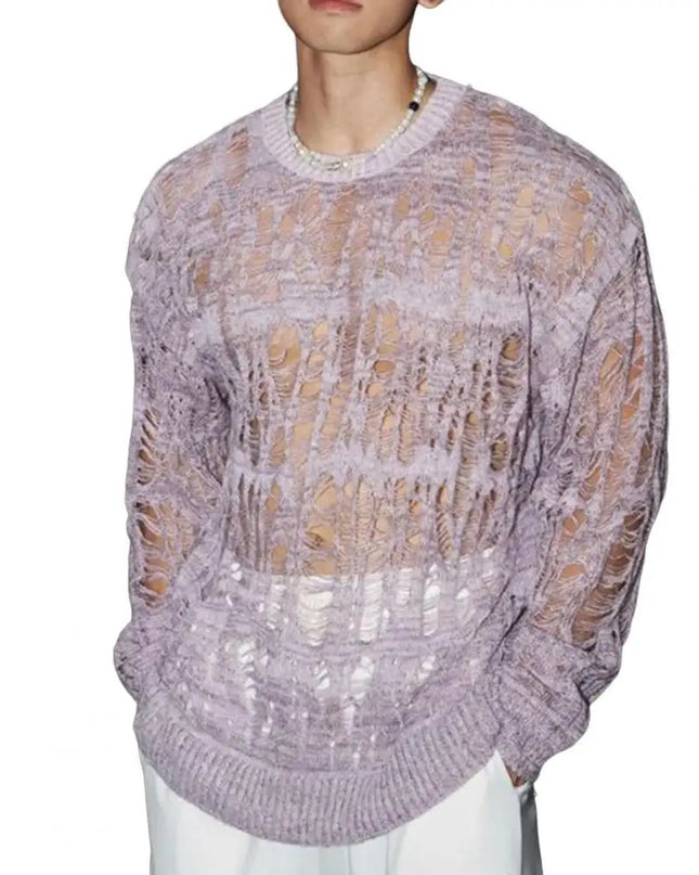 Men's Hollow-Out Mesh Knit Crew Neck Long Sleeve Sweater