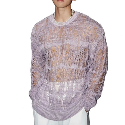 Men's Hollow-Out Mesh Knit Crew Neck Long Sleeve Sweater