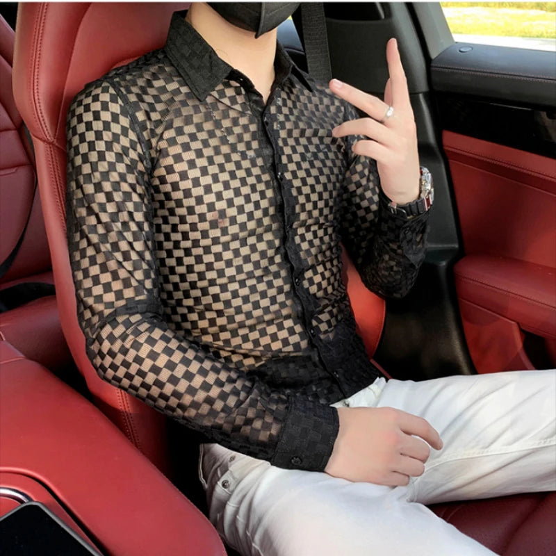 Men's Long Sleeve Plaid Shirt - Slim Fit Button-Down with Hollow Out Design