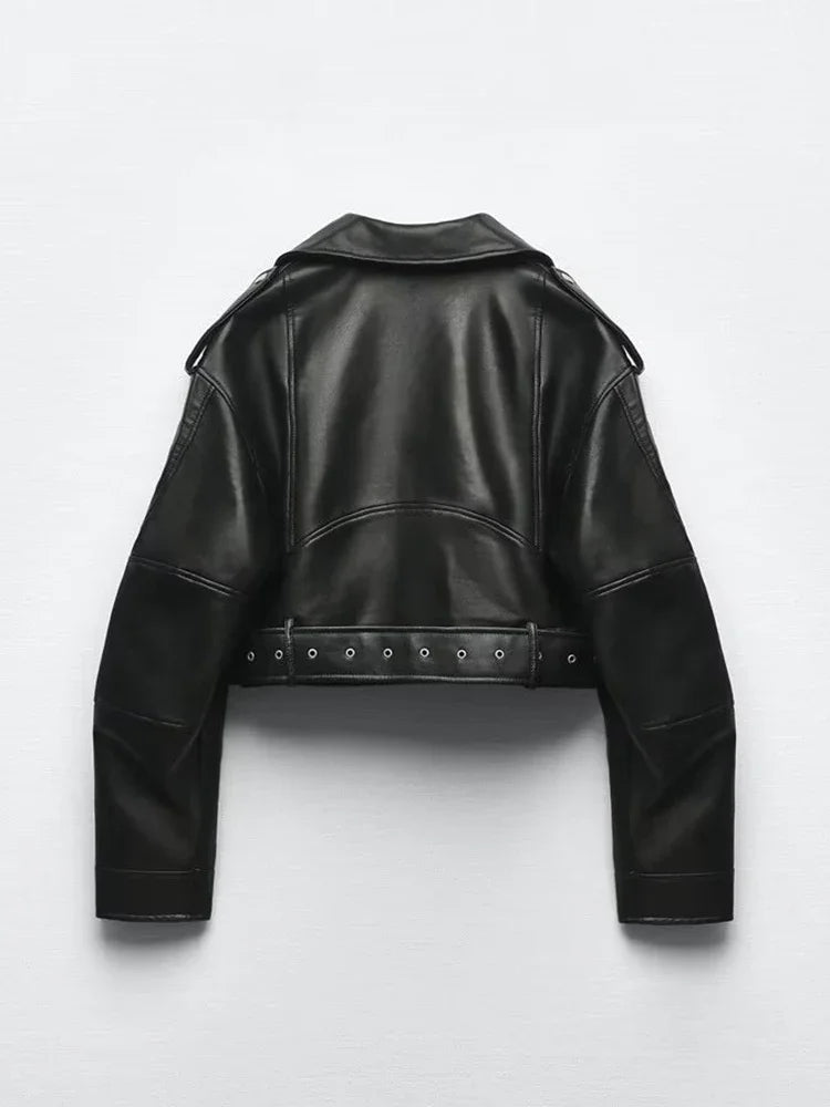 Women's Faux Leather Jacket - Long Sleeve Zip-Up Coat