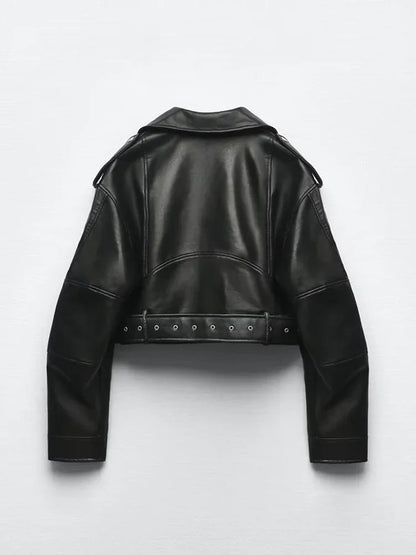 Women's Faux Leather Jacket - Long Sleeve Zip-Up Coat