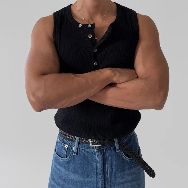 Men's Slim Fit Elastic Breathable Crew Neck Button Ribbed Vest