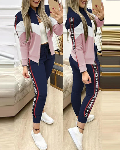 Women's Two-Piece Sequin Zipper Jacket and Sweatpants Set
