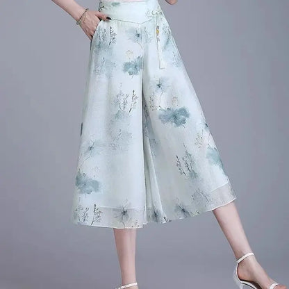 Women's Floral Maxi Skirt - High Elastic Waist, Loose Wide Leg Design