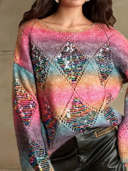 Women's Rainbow Crewneck with Pearl and Diamond Pattern Embroidery