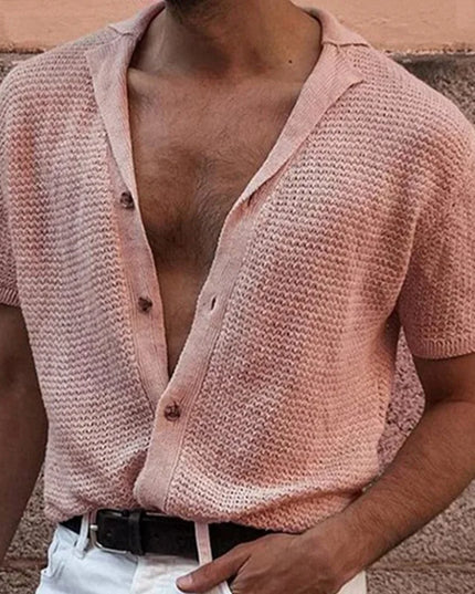 Men's Knitted Short Sleeve Shirt with Mesh Design