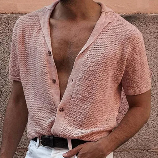 Men's Knitted Short Sleeve Shirt with Mesh Design