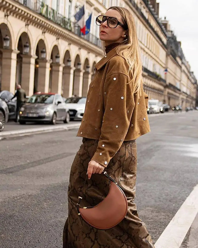 Stylish Women’s Faux Suede Rivet Lapel Zipper Jacket