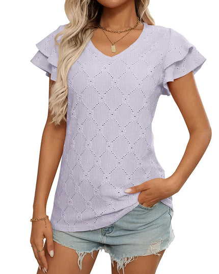 Women’s Elegant V-Neck Blouse with Ruffle Details and Short Sleeves