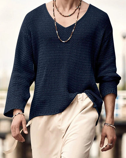 Men's Knit V-Neck Long Sleeve Hollow Out Loose Fit Sweater