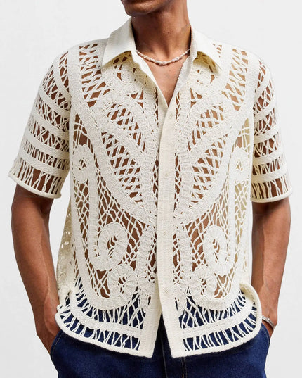 Men's Breathable Mesh Crochet Polo Shirt - Short-Sleeve Knitted Design
