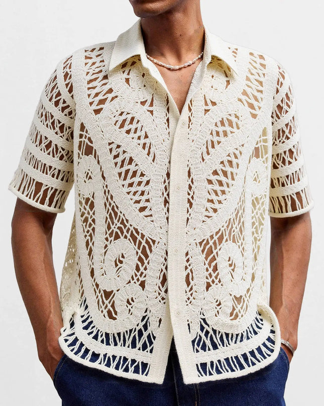 Men's Breathable Mesh Crochet Polo Shirt - Short-Sleeve Knitted Design