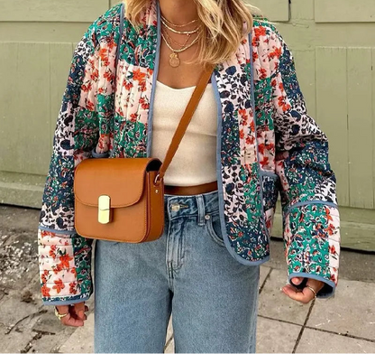 Women's Floral Print Quilted Loose Fit Jacket with Front Pockets
