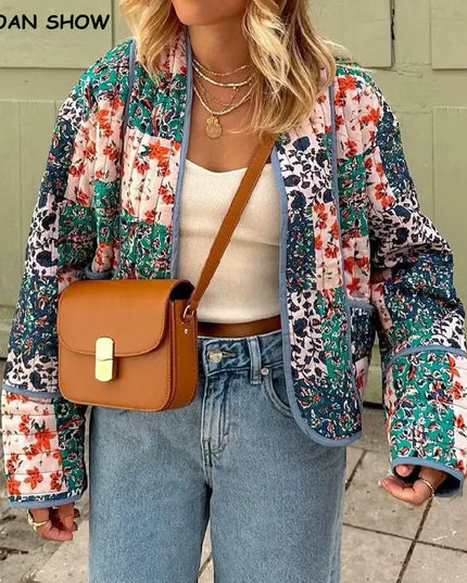 Women's Floral Print Quilted Loose Fit Jacket with Front Pockets
