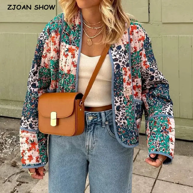 Women's Floral Print Quilted Loose Fit Jacket with Front Pockets