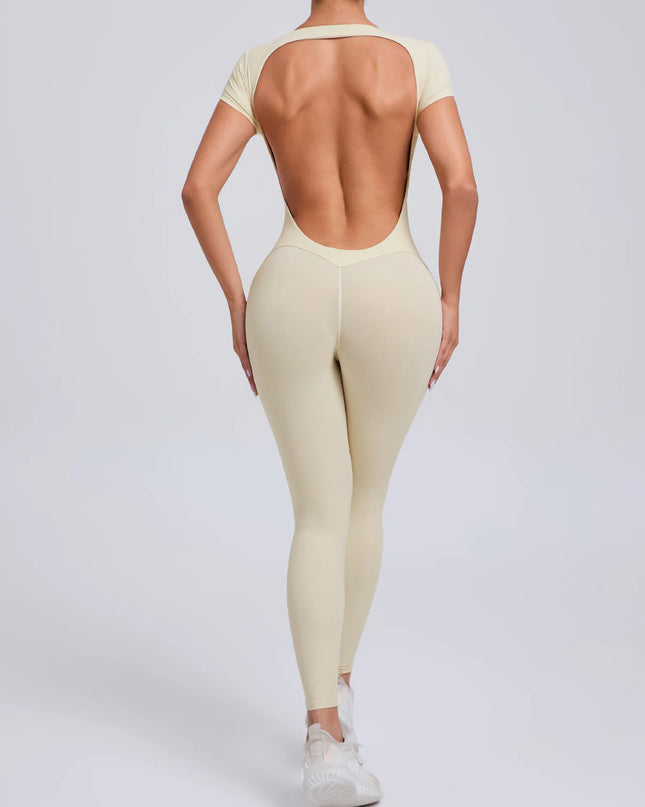 Women's Padded Short Sleeve One-Piece Jumpsuit - Quick-Dry, Backless Sports Suit for Active Fitness