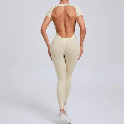 Women's Padded Short Sleeve One-Piece Jumpsuit - Quick-Dry, Backless Sports Suit for Active Fitness