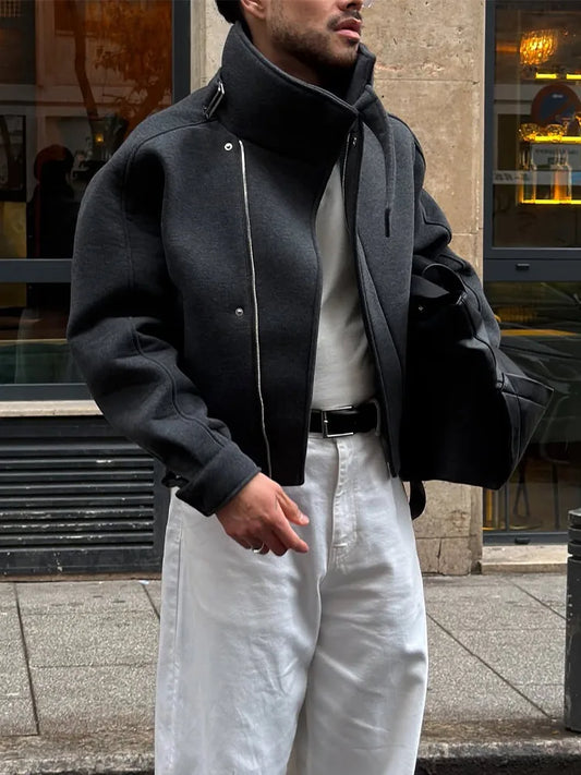 Men's Oversized Stand Collar Jacket with Asymmetric Zip