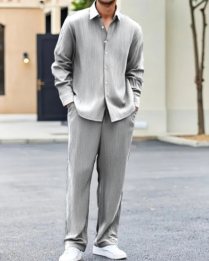 Men’s Casual Crinkle-Textured Two-Piece Set with Loose-Fit Shirt and Straight-Leg Pants