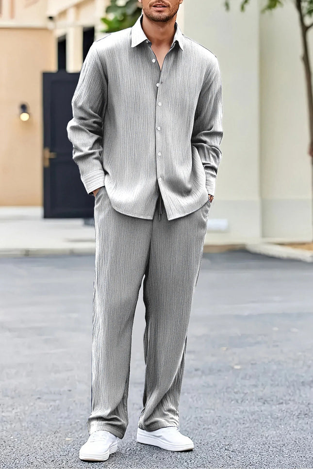 Men’s Casual Crinkle-Textured Two-Piece Set with Loose-Fit Shirt and Straight-Leg Pants