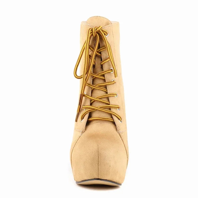 Women's Platform Boots with Side Zipper - High Heels With Lace-Up Design