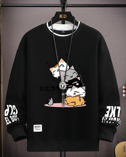 Men's Sweater with Japanese Cartoon Cat Print - Various Colors