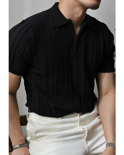 Men's Solid Zipper Knitted Polo Shirt with Lapel